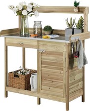 Potting Bench Table Garden Work Station with Metal Surface Cabinet Drawer Shelf