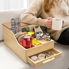 Couch Caddy with Cup Holders, Multi-Use Sofa Table with Flip Top Push-Pull Drawe