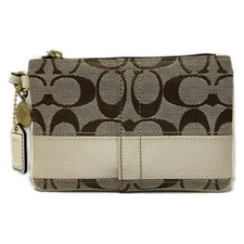 Auth COACH Signature 40028 Khaki Cream Beige Jacquard Leather - Pouch