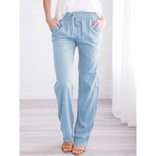 Women Cotton Linen Trousers Ladies Summer Casual Elastic Waist Bottoms Pants UK