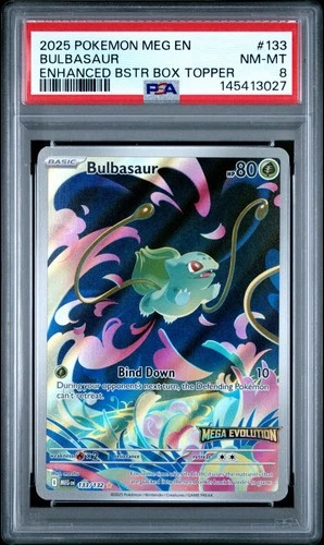 Bulbasaur #133 Stamped PSA 8 Mega Evolution Enhanced Box Topper Promo