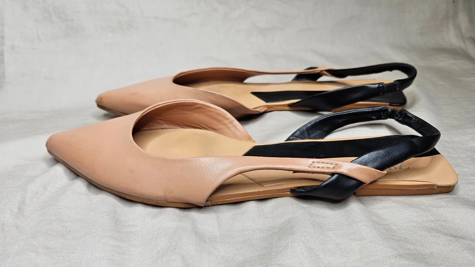 Zapato Sandalia Zara Dorsay Plano Mujer US 8 EUR 39 Beige Negro Cuero Punta Punta Foto 2 de 4