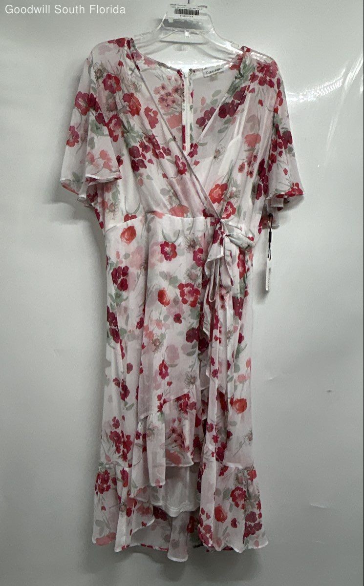 Calvin Klein Womens White Floral Ruffled High-Low Hem Wrap Dress Size 16 W/Tags