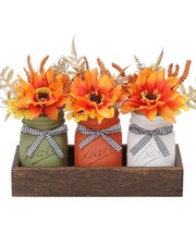 Thanksgiving Mason Jar Centerpiece for Table with Artificial Flowers, Set of ...