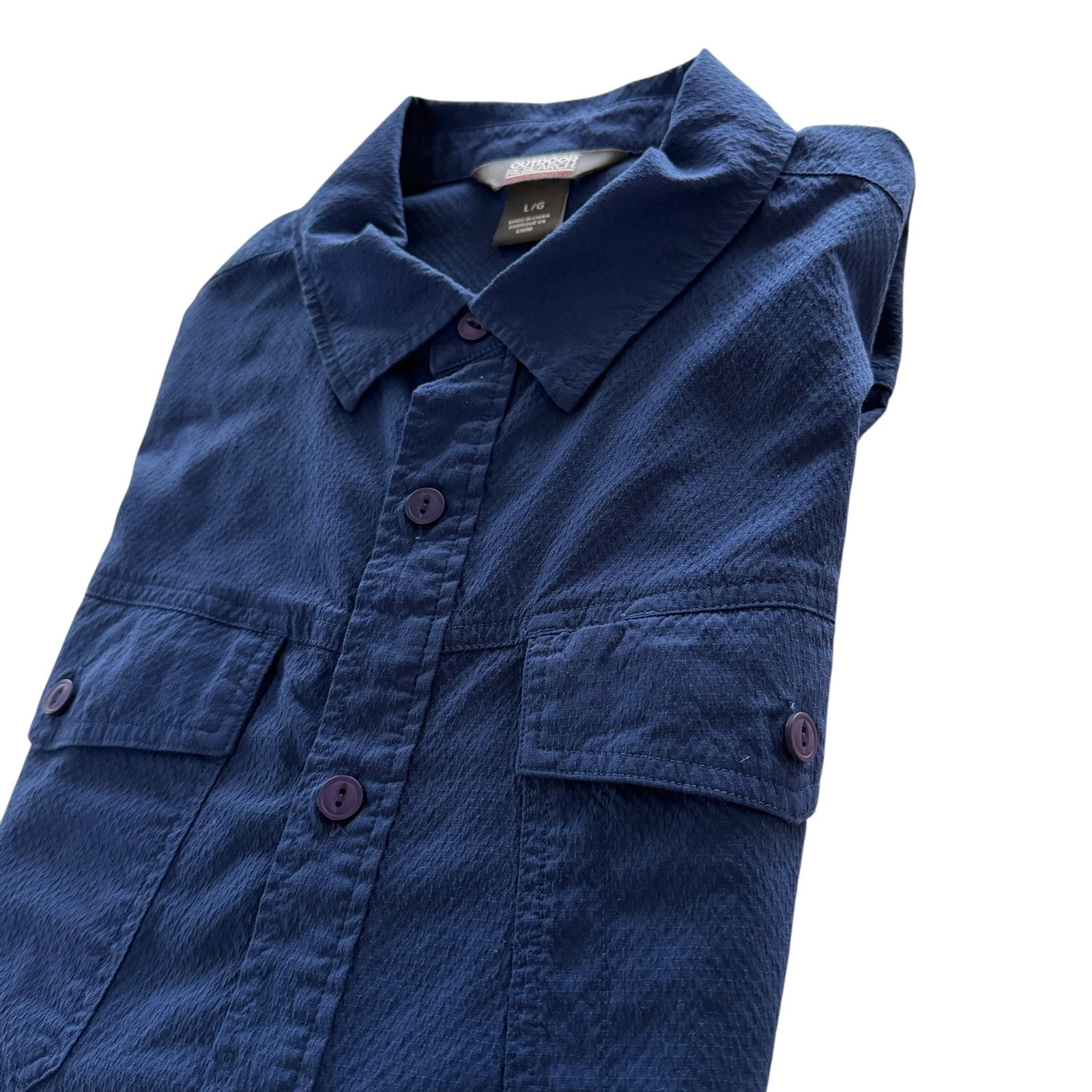 Outdoor Research Wanderer Shirt Mens L Blue LS Comfort Roll Up Hiking Outdoor
