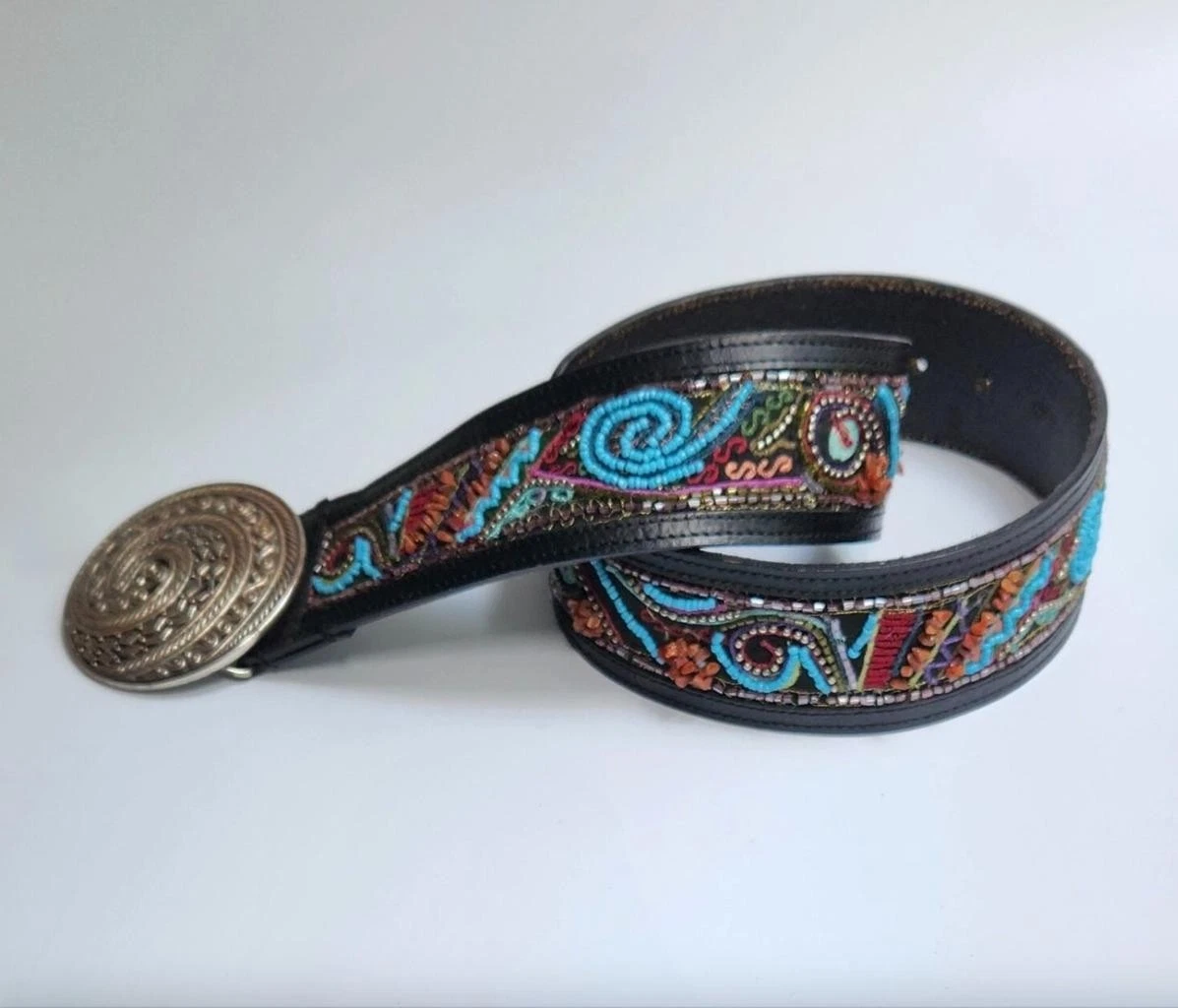 Chico\'s Black Leather Belt with Multicolor Beading Chicos Black Leather Southwestern Beaded Belt Sz S/M 1.25  main image 2