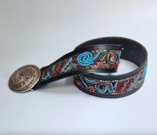 Vintage Southwest Beaded Leather Chico's Belt M w Ornate Swirl Pewter Buckle