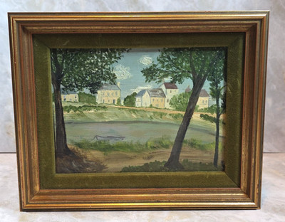 Vtg River Bank Houses Acrylic Painting Olive Green Velvet Trim Gold Wood Frame