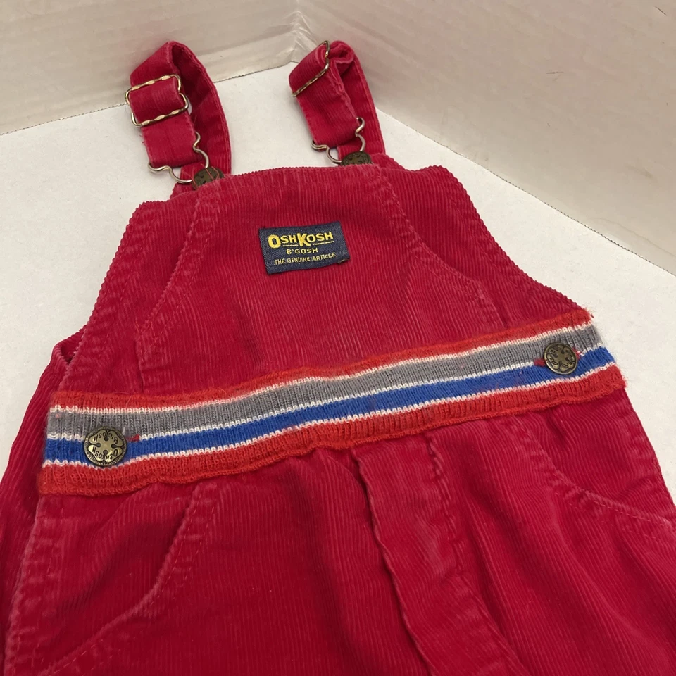 Vintage OshKosh B'Gosh Red Corduroy Vestbak Overalls Union Made USA 70s 80s 3T - Image 3 of 4