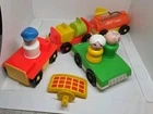 Vintage Fisher Price little people Airport lot/10: Mom Dad Tram set Car Suitcase