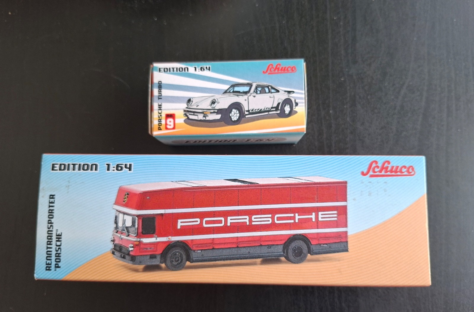 Schuco 1/64 Porsche 911 Turbo et Camion Renntransporter en Métal