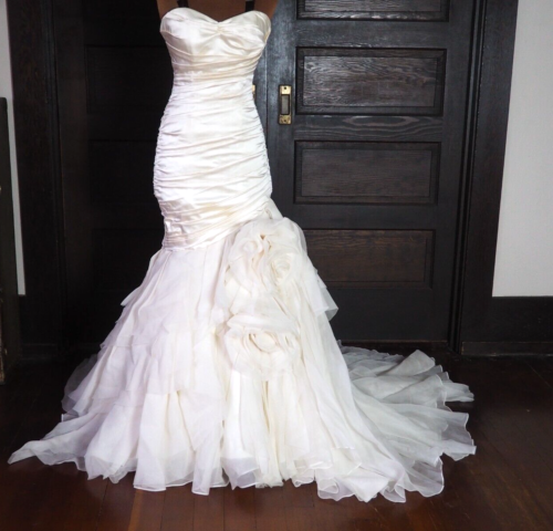 Marisa Ivory 100% Silk Chiffon Organza Mermaid Strapless Wedding Gown Dress 10 - Picture 1 of 21