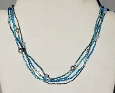 Beaded MULTI-STRAND NECKLACE 16" Blue/Silver  Handmade in USA  JN19