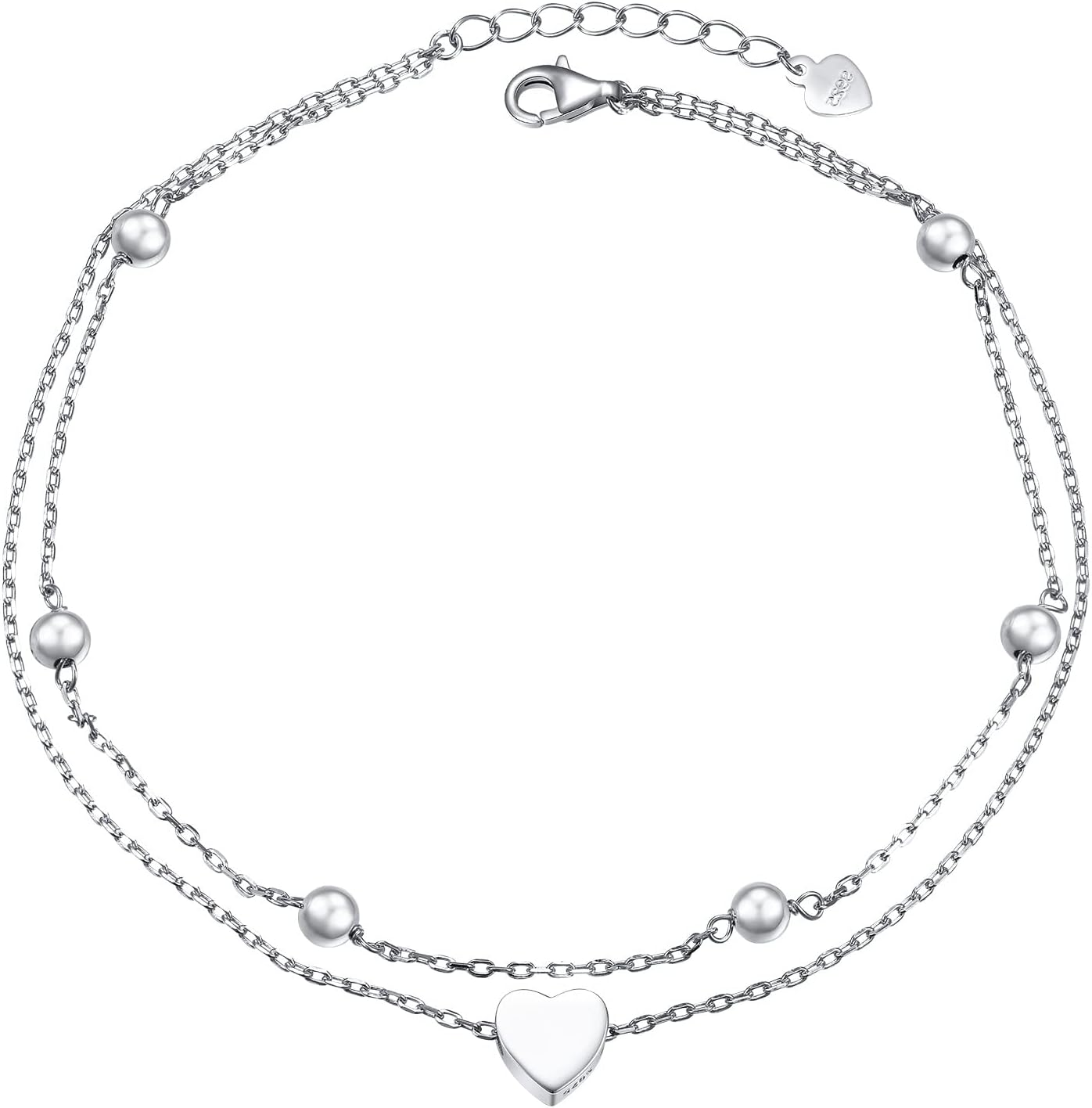 Anklet for Women S925 Sterling Silver Adjustable Foot Beaded Heart Charm Ankle B-image
