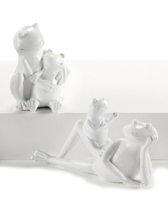 Set of 2 White Resin Frog Frogs Family Figurines Statues Farmhouse Decor