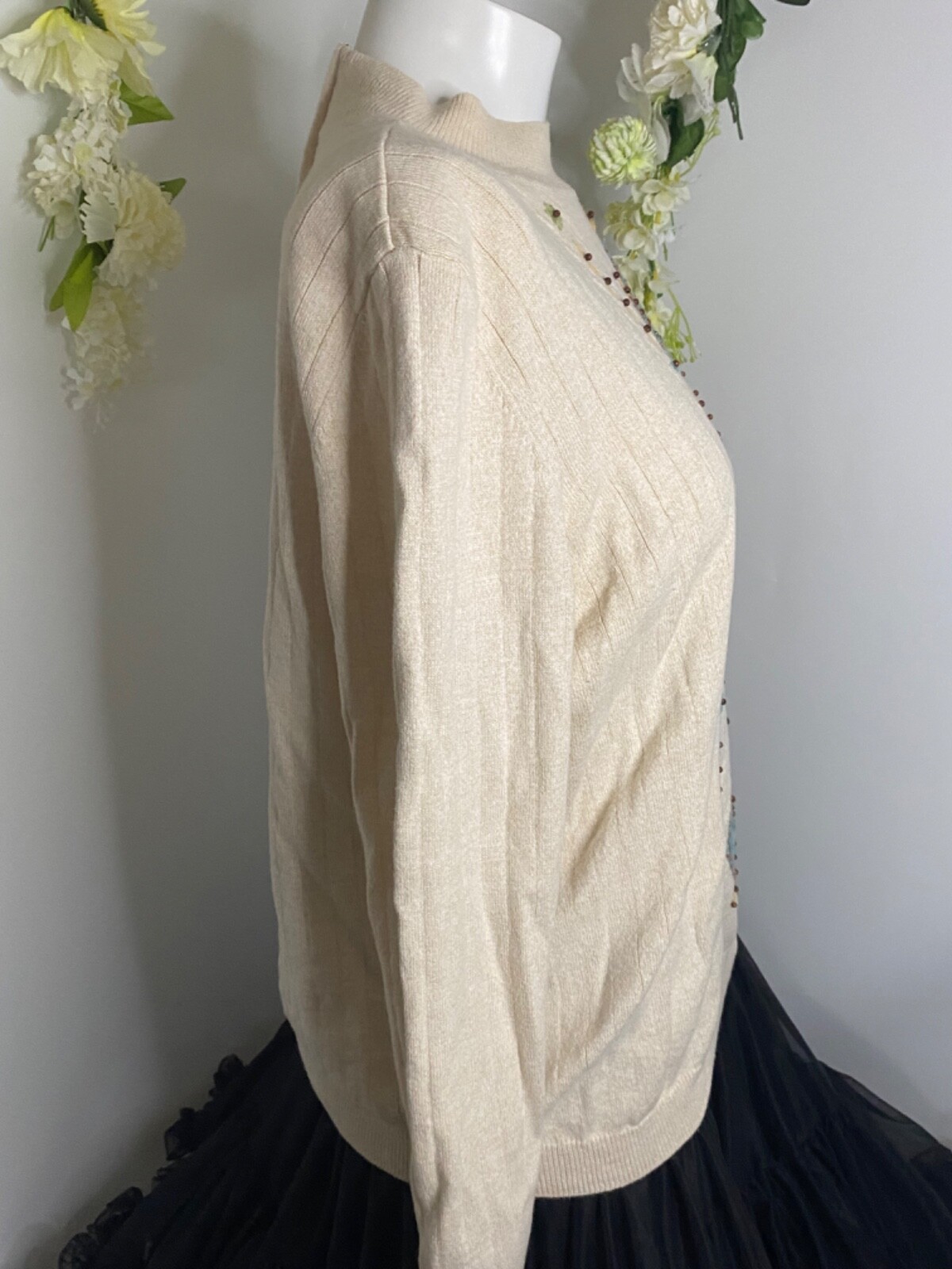 Alfred Dunner Ivory High Neck Cotton Sweater with Beads Applique Size XL Vintage image 6