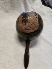 Maraca Wood Carved Musical Coconut USA Flag Scenes Turned Handle Original Shaker