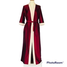 Vintage 1980s Bonnie Satin Robe Dressing Gown Burgundy Cream Women Size Medium