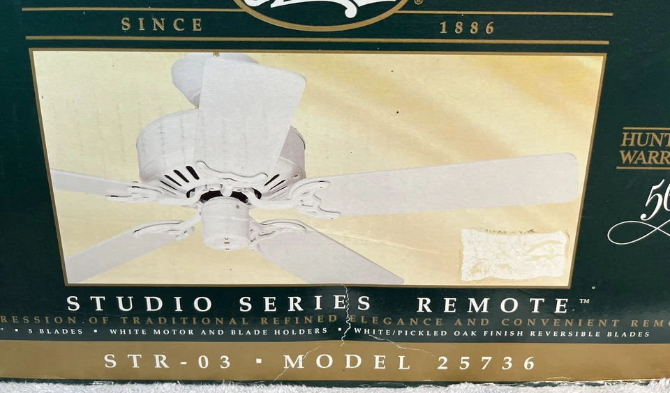 Hunter 52” 5 Blade White/Oak Studio Series Ceiling Fan W/Remote - Model 25736 - Image 2 of 4