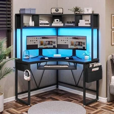 Triangle Corner Computer Desk with Keyboard Tray Home Office Desk w/ LED Lights
