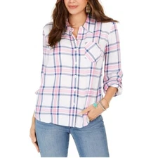 Style & Co Women XL Preppy Pink White Plaid Flannel Button Up Top NWT DE37