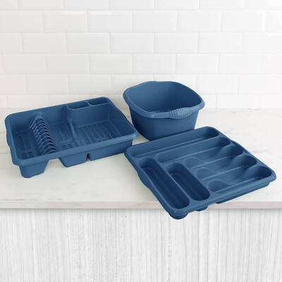 Großer Geschirrspüler + Bestecktablett + 32cm Quadratische Abwaschschüssel Küche Marineblau Set