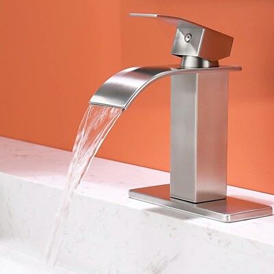 Bathroom Sink Faucet Brushed Nickel Single Handle Waterfall Vanity ...