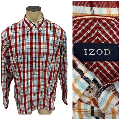 Izod Shirt Mens Large Red Plaid Button Down Long Sleeve Contrast Cuff Preppy