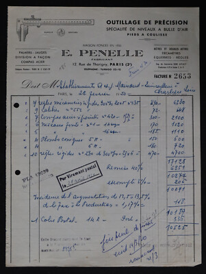 Rechnung PARIS 1950 PRÄZISIONSWERKZEUG E PENELLE Wasserwaage III Jh. 148