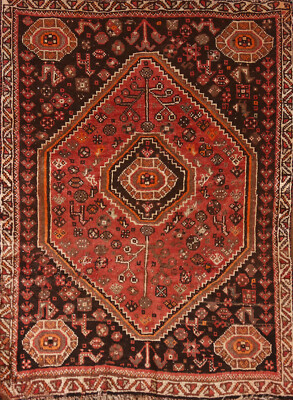 Vintage Geometric Hand-knotted Rug 4x5 Red Wool Tribal Traditional Carpet