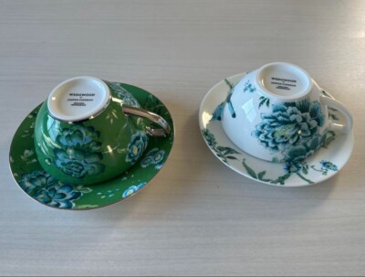 Wedgwood Jasper Conran Chinoiserie White Green Cup Saucer Pair Set