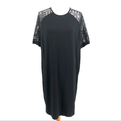 Women's ASOS Black T-Shirt Short Sleeve Lace Detail Midi Dress