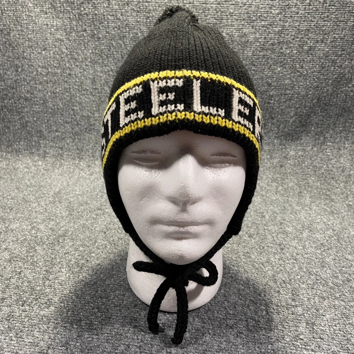 Pittsburgh Steelers Beanie Mens Medium Black Pom Ties Hat Ear