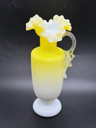 Vintage Art Glass White Cased Glass w/Yellow Ruffled Rim Handled Ewer 7.25"
