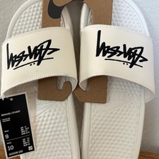 Unisex Stussy Benassi Cream/White Slide Sandals with Black Logo