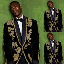 Luxury Beading Glitter Men's Suits Black Velvet 2Pcs Prom Dinner Party Jacket