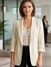 NWOT Anne Klein Blazer Linen Blend Jacket 3/4 Sleeve Size S Cream