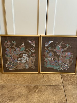 Vintage Thai Silk Ramakien Framed Textile Art Pair Monkey Warrior Chariot Asian