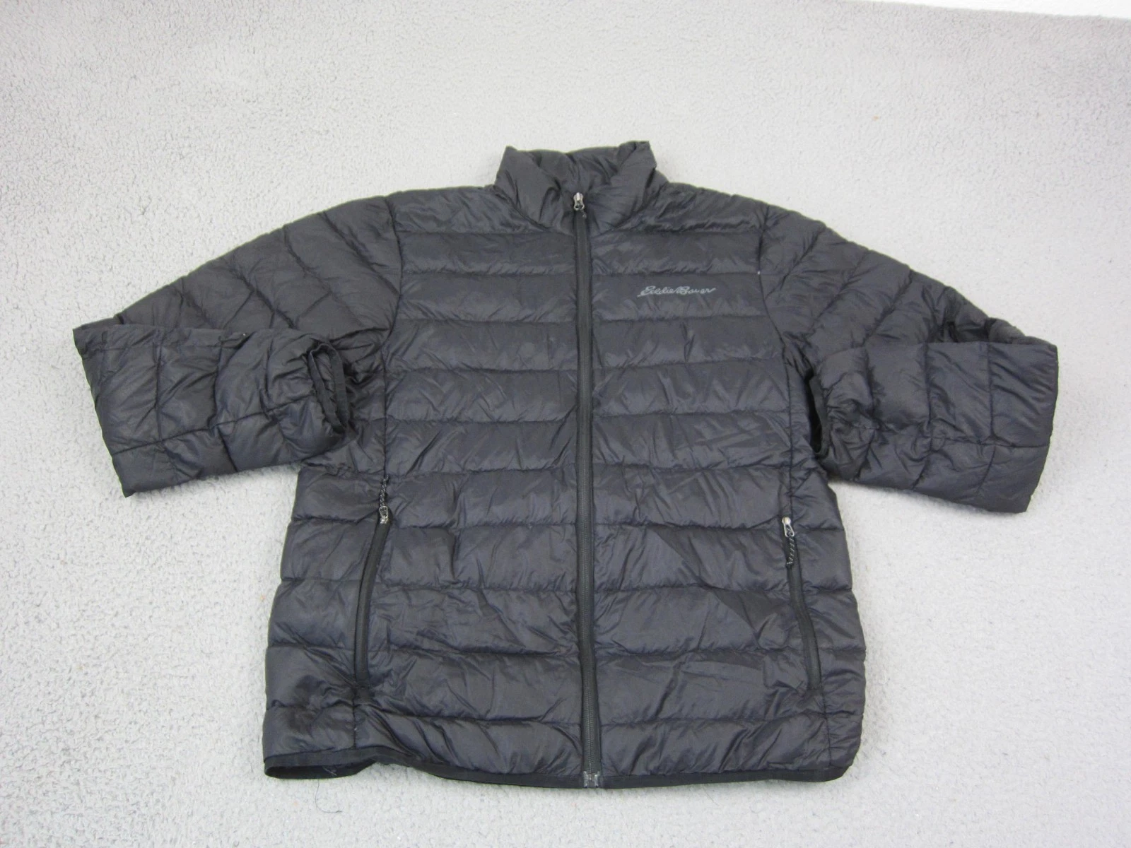 Eddie Bauer Puffer Jacket Mens Medium Black Down EB650 Insulated Packable Zip Up