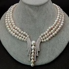 18" 3 Strands Cultured White Pearl Necklace CZ Pave Pendant