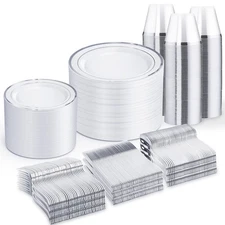 600 PCS Silver Disposable Dinnerware Set for 100 Guests, Wedding Plates Silve...