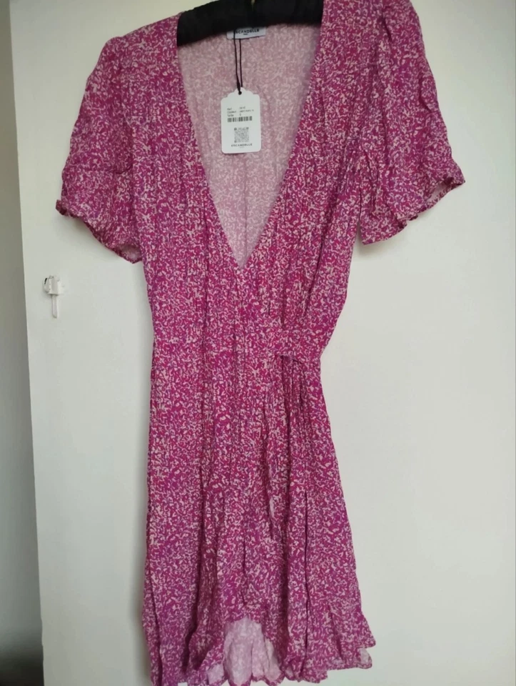 Escandelle robe portefeuille mini S viscose floral rose violet col V ceinture - Photo 3/4