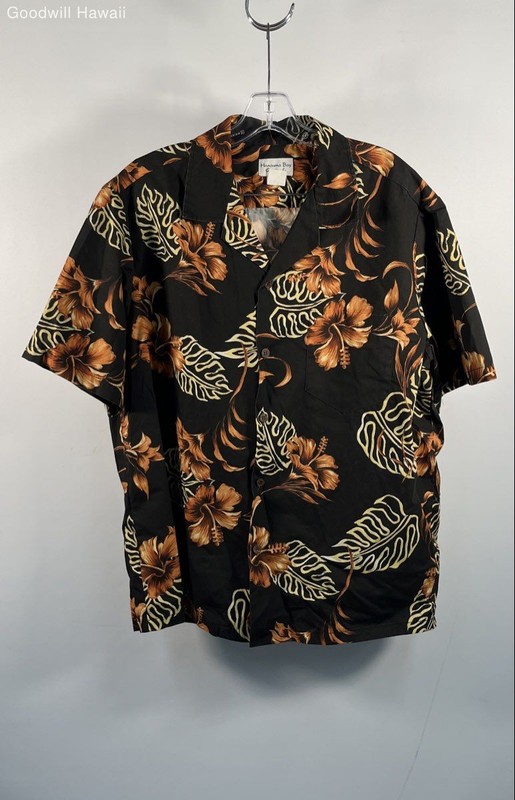 Hanauma Bay Originals Men's Black Hibiscus Hawaiian Shirt Vintage Sz L