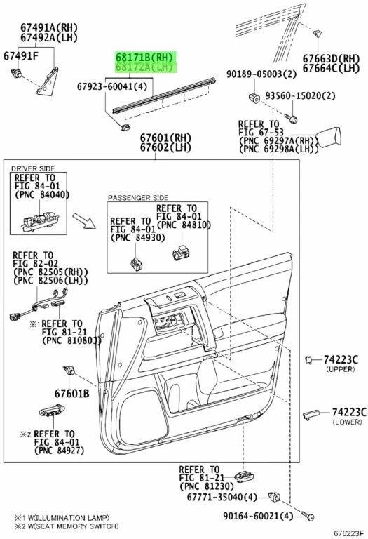 Juego de tiras de vidrio para puerta interior delantera derecha derecha genuina Toyota 4Runner Lexus GX460 Foto 2 de 4