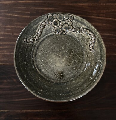Vintage Handmade Studio Art Pottery Green Stoneware 9  Dish/Shallow Bowl; Signed