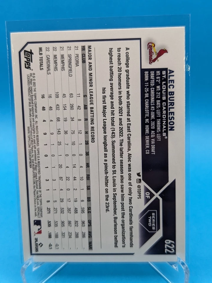 2023 Topps Series 2 Rookie RC Alec Burleson St. Louis Cardinals #622 - Image 2 of 2