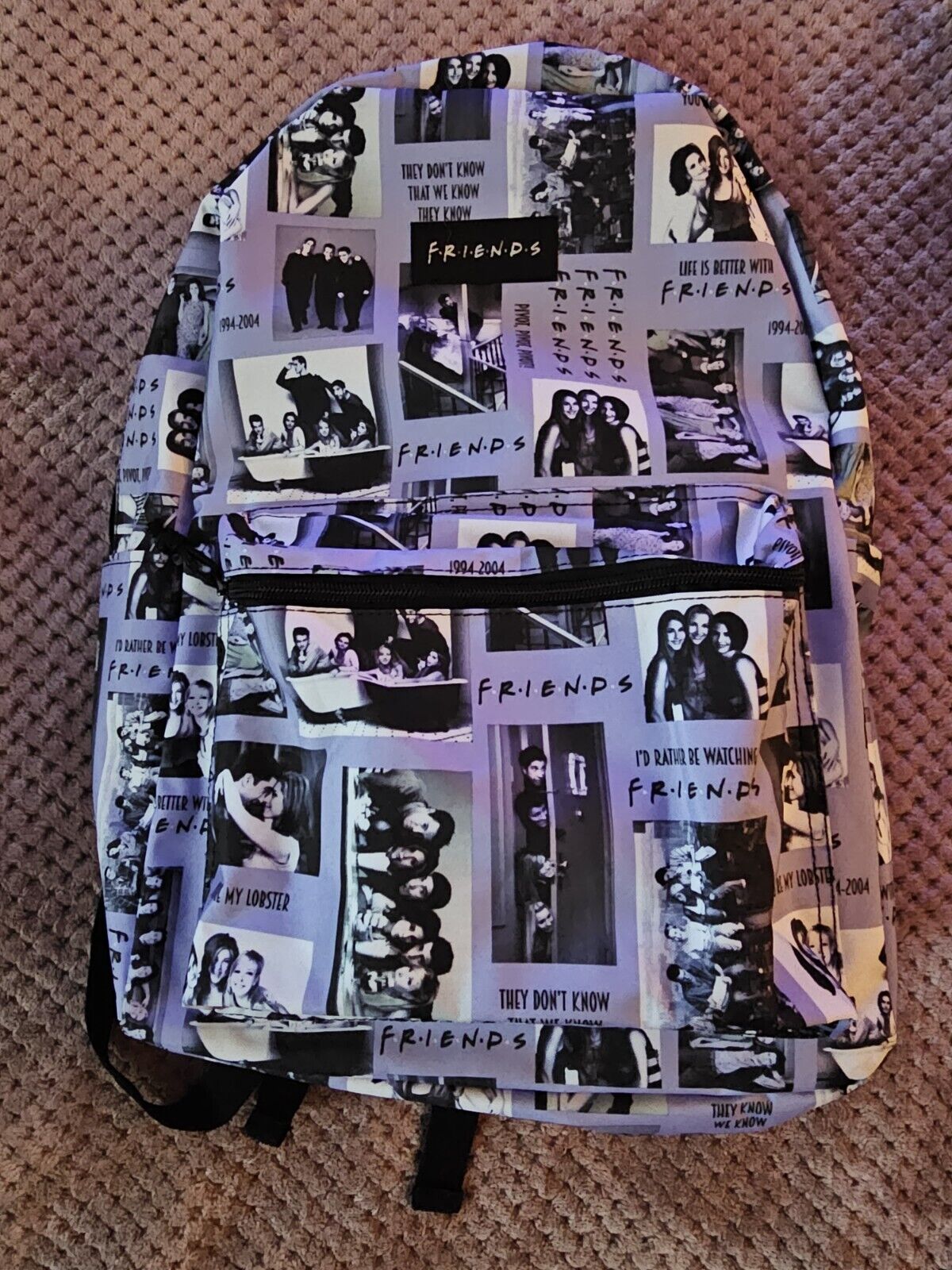 "Friends" Cast All Over Print 17" Purple/Gray Backpack With Laptop Sleeve EUC