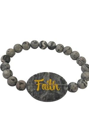 Fashion Stretch Bracelet- Natural  round stones-oval stone -Faith- gray