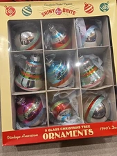 Radko Shiny Brite Holiday Splendor Silver Stripe Shapes Ornament 2.5" Dia. Set 9