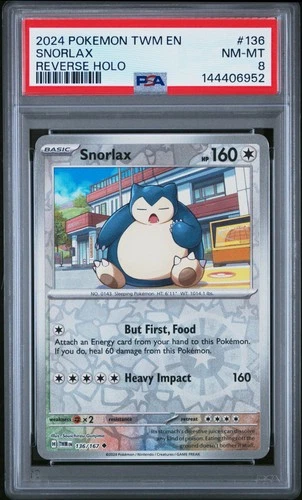 2024 POKEMON TWM EN-TWILIGHT MASQUERADE REVERSE HOLO #136 SNORLAX PSA 8
